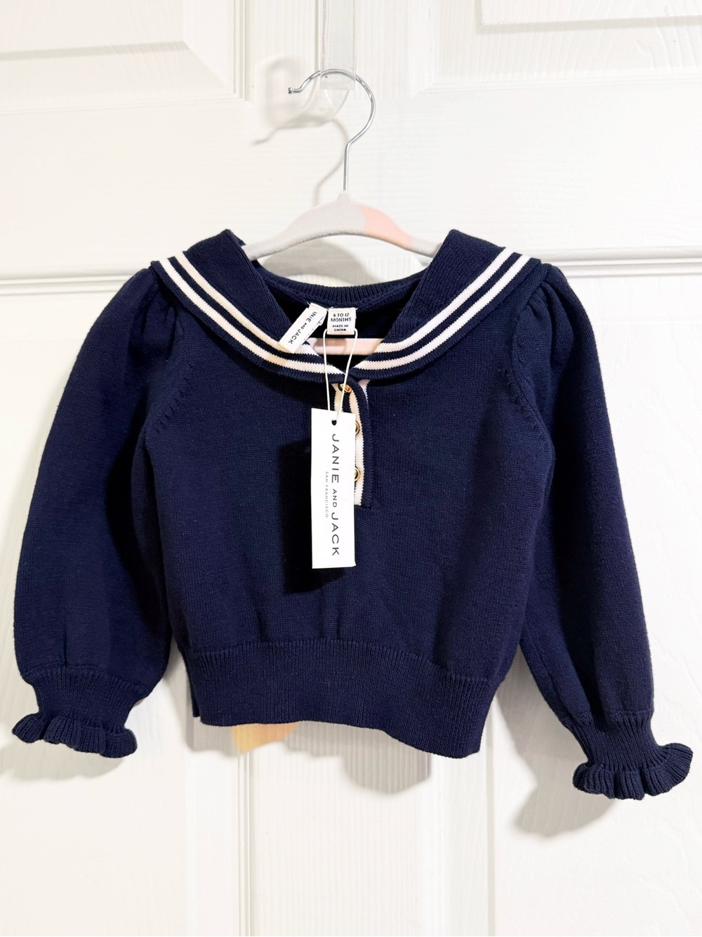 Janie and Jack Navy Sailor Collar Sweater 6 12M Gold Crest Button NWT Preppy